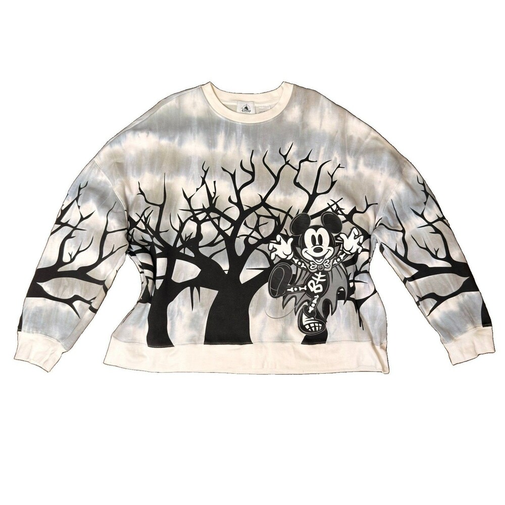 Disney Parks Mickey Skeleton Halloween Woods Sweatshirt Large Gray Tie Dye 2024